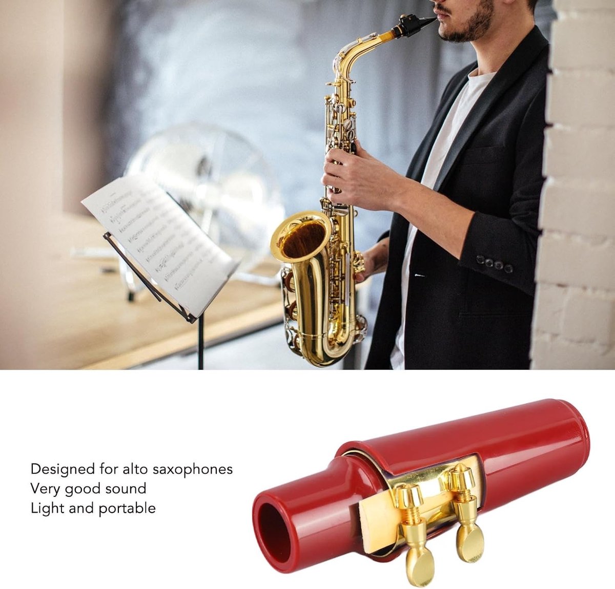 Complete set voor altsaxofoon: mondstuk, metalen ligatuur, rietkussens en plastic dop, accessoires voor optimale klank en vervanging