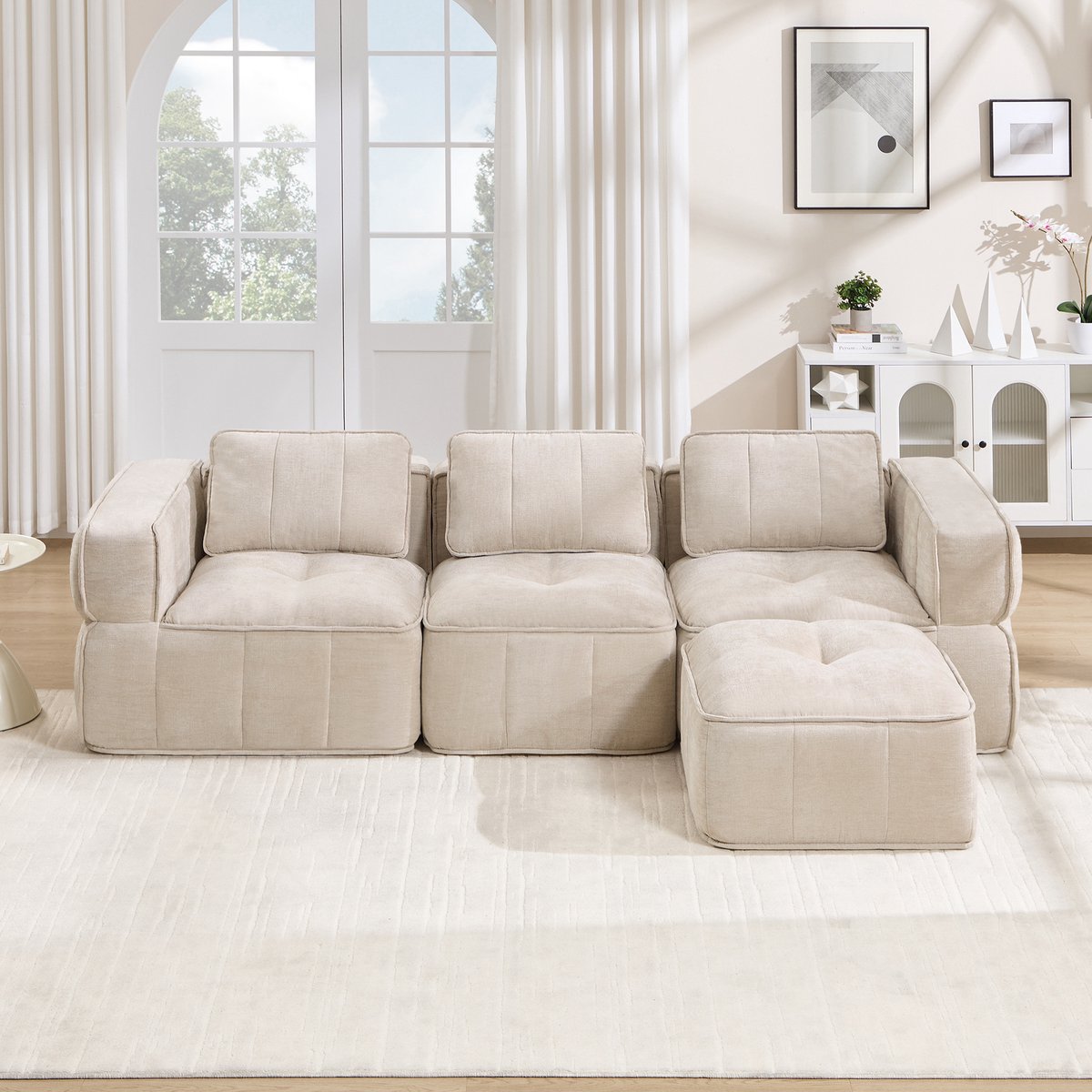 DESMIU Hoekbank 3-Zits Met 1 Hocker L-Vormig - Modulair Zonder Frame Met 32D Schuim En Diepe Zitting - Voor Woonkamer - Polyester - Beige
