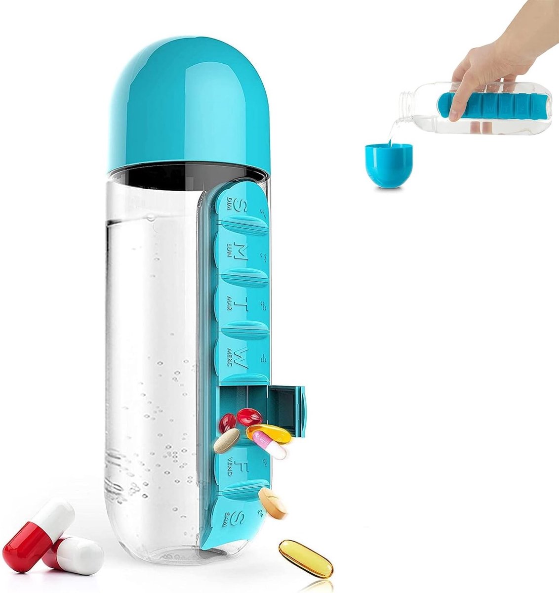 7-Daagse Pillen Organizer met 600ml Waterfles | Afneembare Pillendoos voor Reizen, Werk en Thuis | Inclusief Braille Label en Grote Capaciteit voor Hydratatie