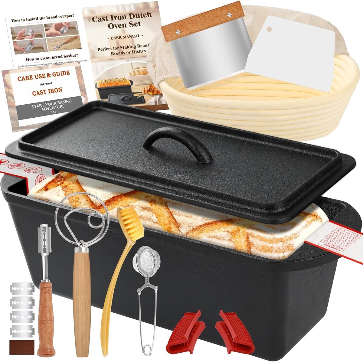35cm Brooddoos met Deksel, Gietijzeren Dutch Oven en Bakpan voor Brood, Banneton en Accessoires voor het Bakken van Desembrood en Toast