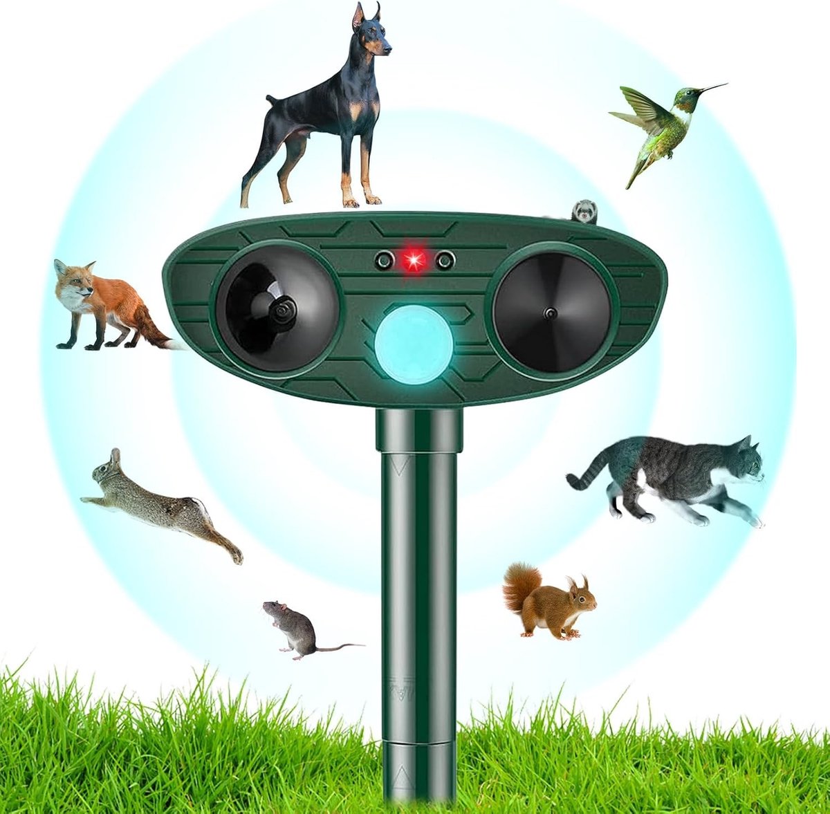 Ultrasone Dierafschrikker voor de Tuin, Waterdichte Bewegingssensor, Effectief Tegen Katten, Honden en Marters, Dierenvriendelijk en Zonne-energie Aangedreven