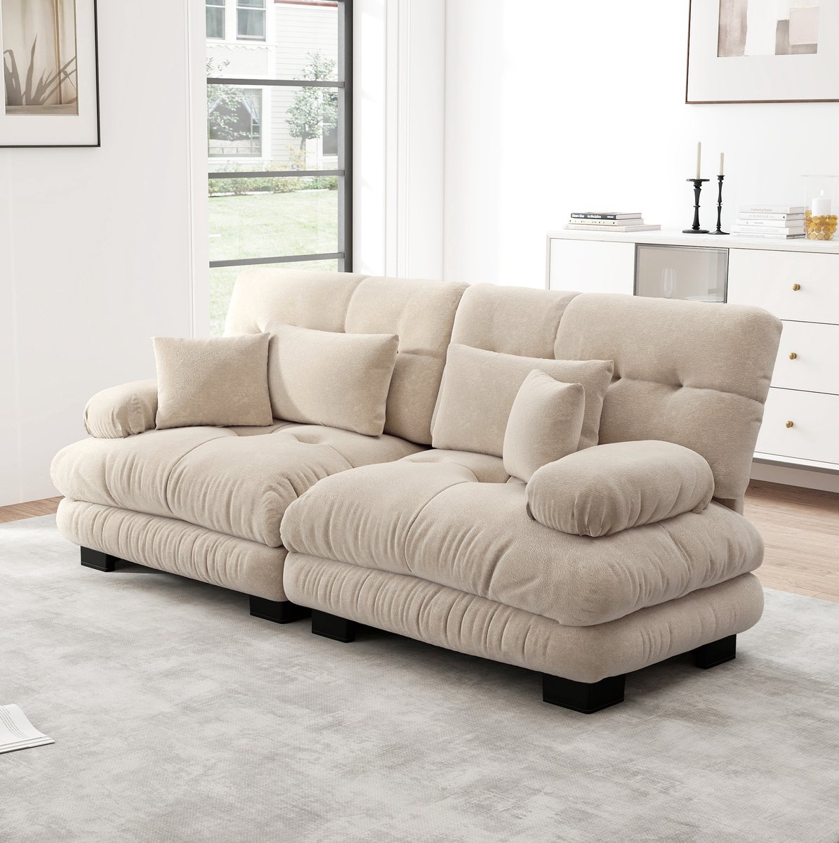 MODENUIT Hoekbank 220 x 81 x 77 cm - Met 2 Lendenkussens En 2 Decoratiekussens - Chenille - Lichtbruin