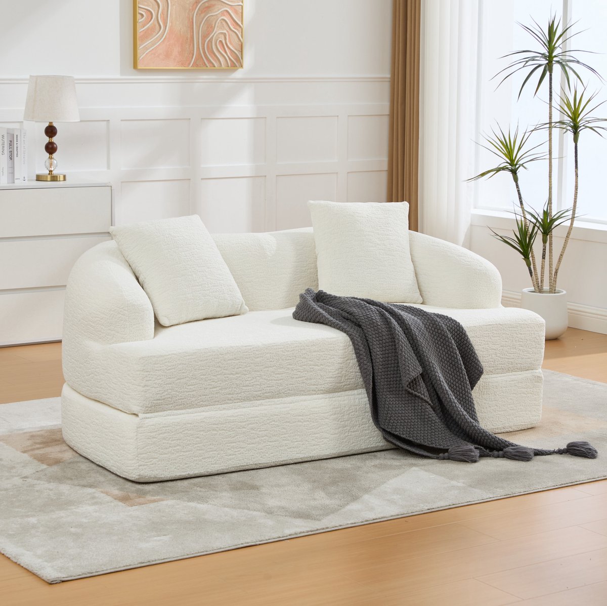 MODENUIT Slaapbank 157 x 84 x 65 cm - Uitklapbaar 2-Zits - Voor Woonkamer En Logeerkamer - Chenille Beige
