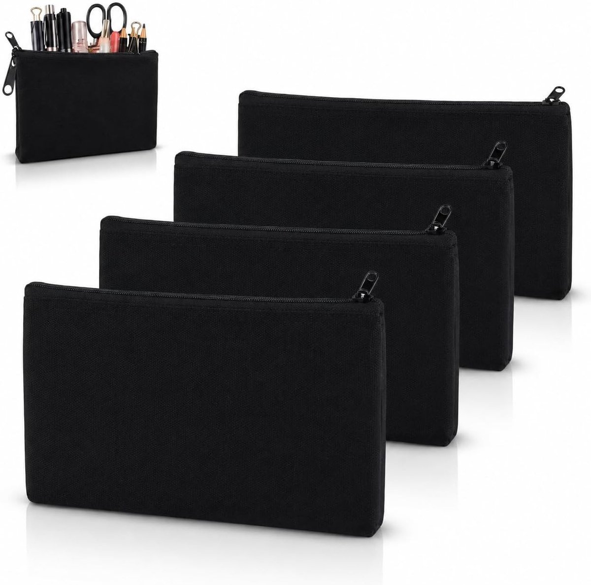 Set van 4 Zwarte Stoffen Tassen, Cosmetica Tas, Kleine Make-up Tas, Pennen Etui, Ritszakje, Compact voor Reizen, School, Dagelijks Gebruik en DIY