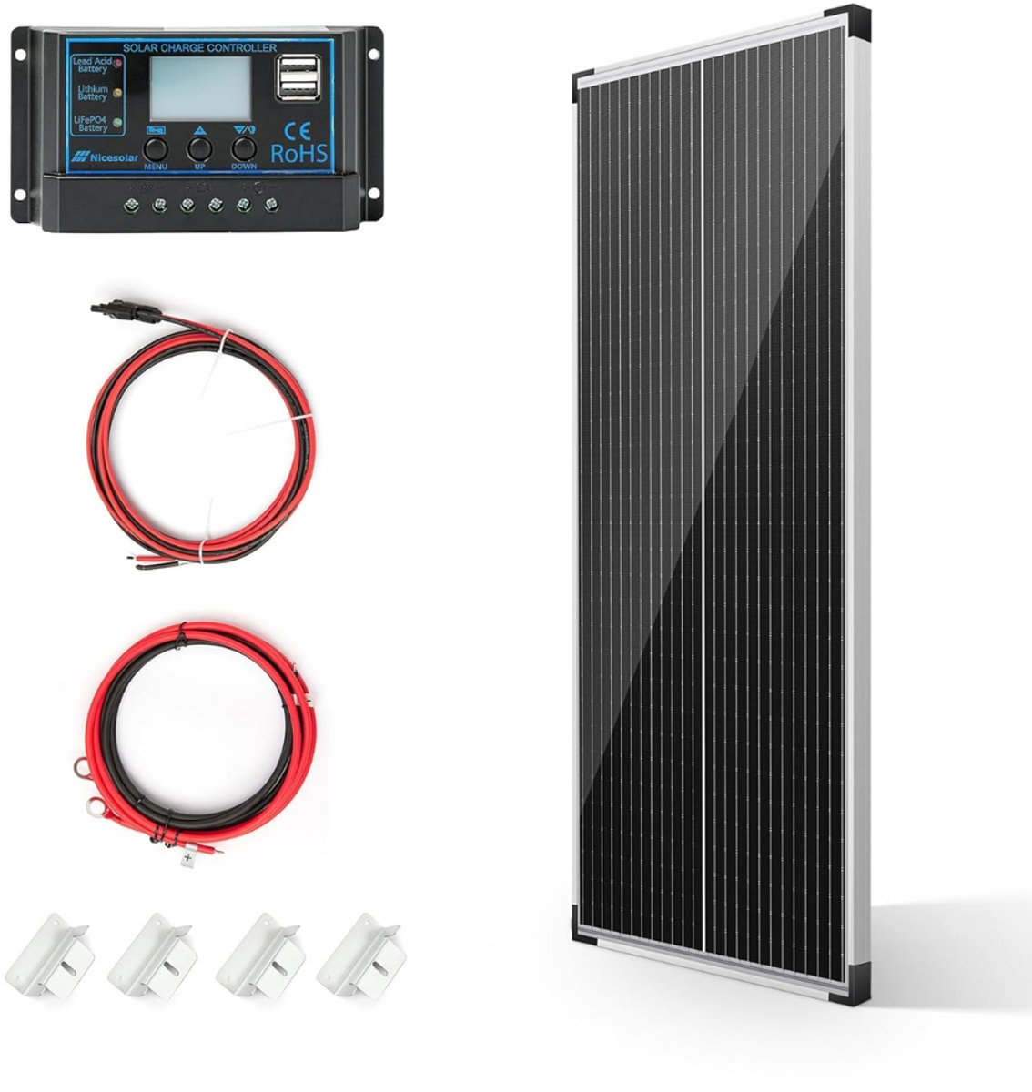 Allvia® Zonnepanelen Compleet Pakket - Zonnepanelen - Zonnepanelen met Stekker - 100W 12V Monokristallijn Zonnepaneelset 100 Watt - met 20 A Laadregelaar - Zwart - 115cm x 45cm x 4cm