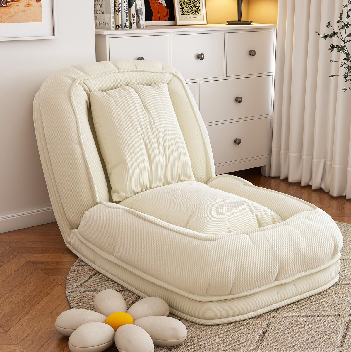 MODENUIT Chaise Longue 180 x 90 x 26 cm - Verstelbaar 90°-180° - Voor Woonkamer En Leeshoek - Stof - Off White