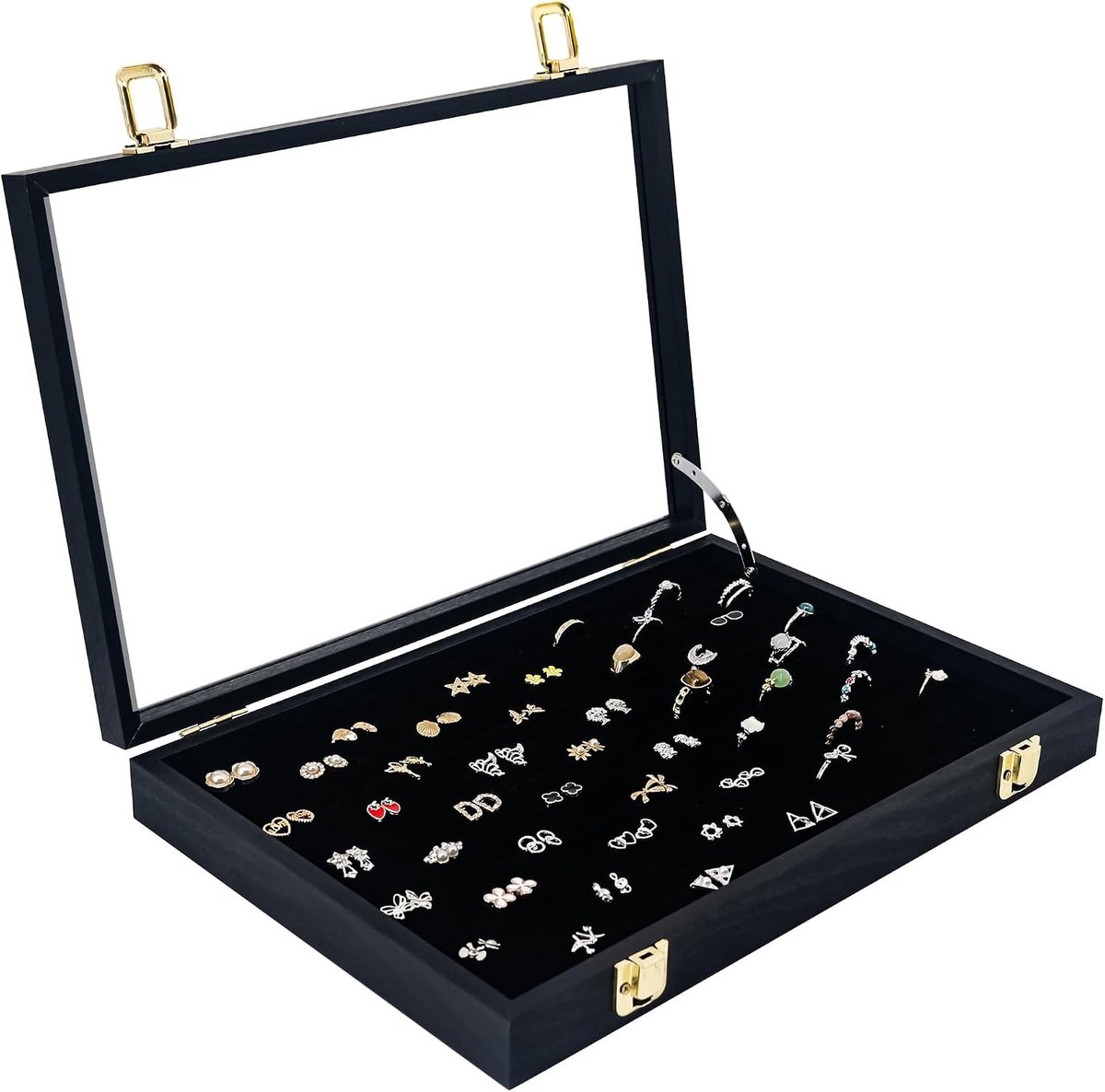 Ringen Organizer met 100 Slots, Sieraden Display Opbergdoos, Velours Deksels, Stofdichte Oorbellenopslag voor Dames en Meisjes, Broche Opbergcompartiment 35 cm (L)