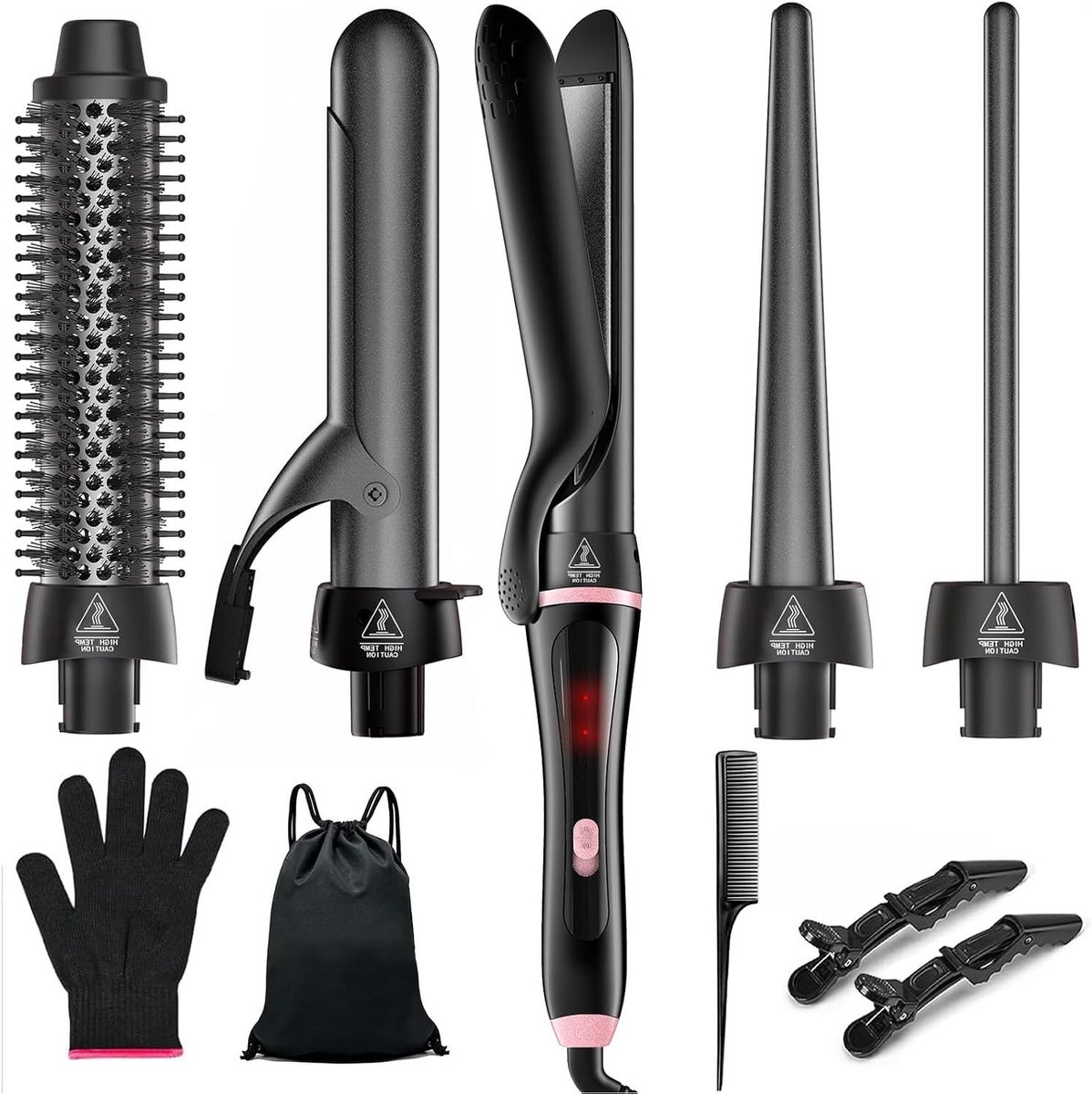 Krulborstel Set - Stijltang Krultang - Haar Stylen - 5 Wisselbare Opzetstukken - Keramische Coating - Zwart