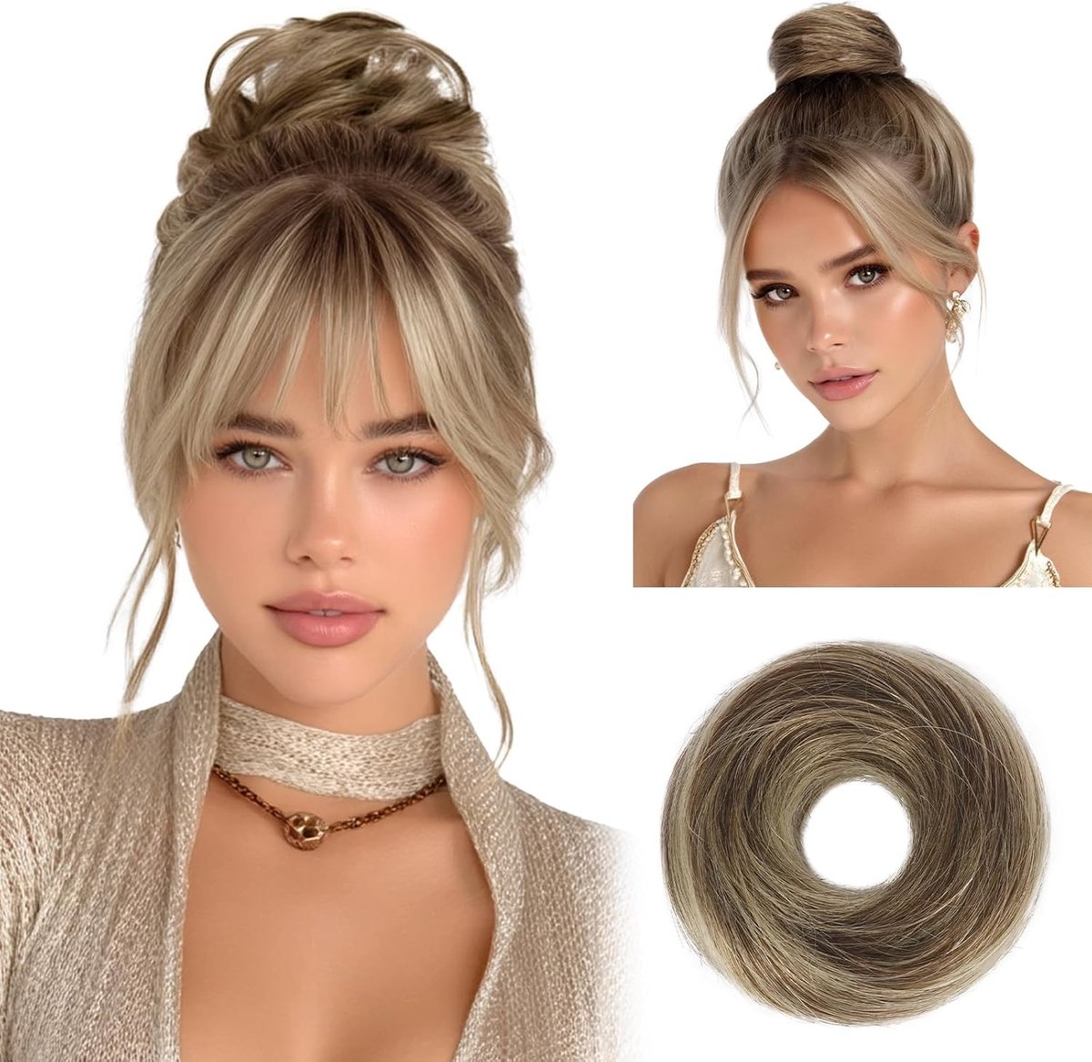 Rommelige Knot Haarstukje van 100% Menselijk Haar, Lichtgewicht Opgestoken Accessoire voor Vrouwen, Krullend en Golvend in Bruin met Lichtblond Mix, Perfect voor Feestjes en Dagelijks Gebruik