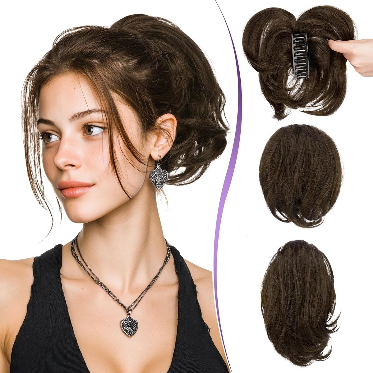 Korte Ponytail van Menselijk Haar van 22 cm met Buigbare Clip voor DIY Stijlen, Rommelige Bun en Vol Haar voor Vrouwen, Donkerbruin