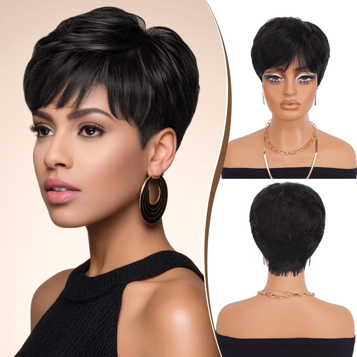 Pixie Cut Peruk met Pony van Echte Haar, Natuurlijke Zwarte Korte Haarstijl, Gelaagd Golfend Ontwerp voor Vrouwen
