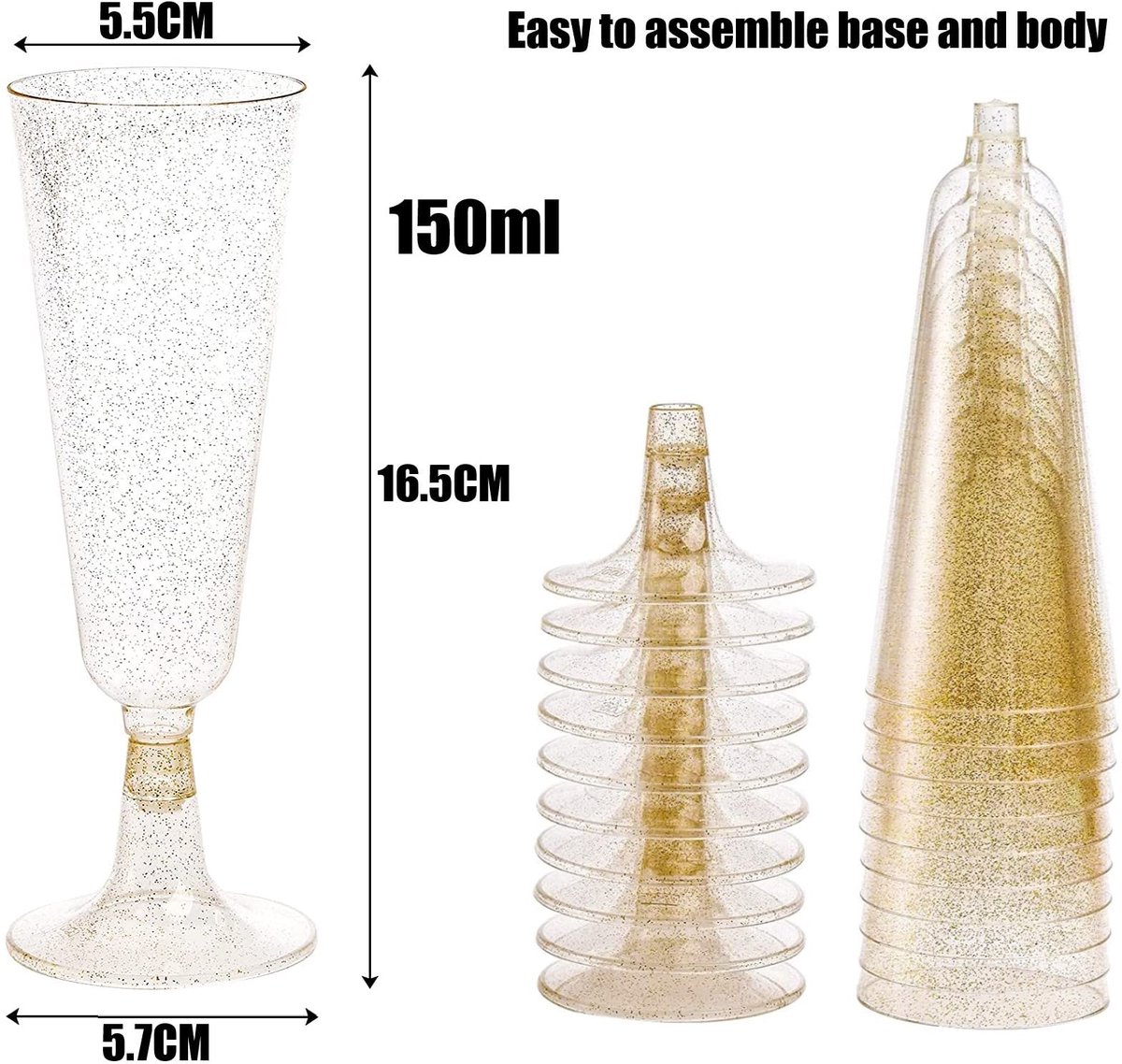 Champagnefluiten 150 ml - Gouden glitter - Herbruikbare plastic glazen - Perfect voor feesten - ShopVlot