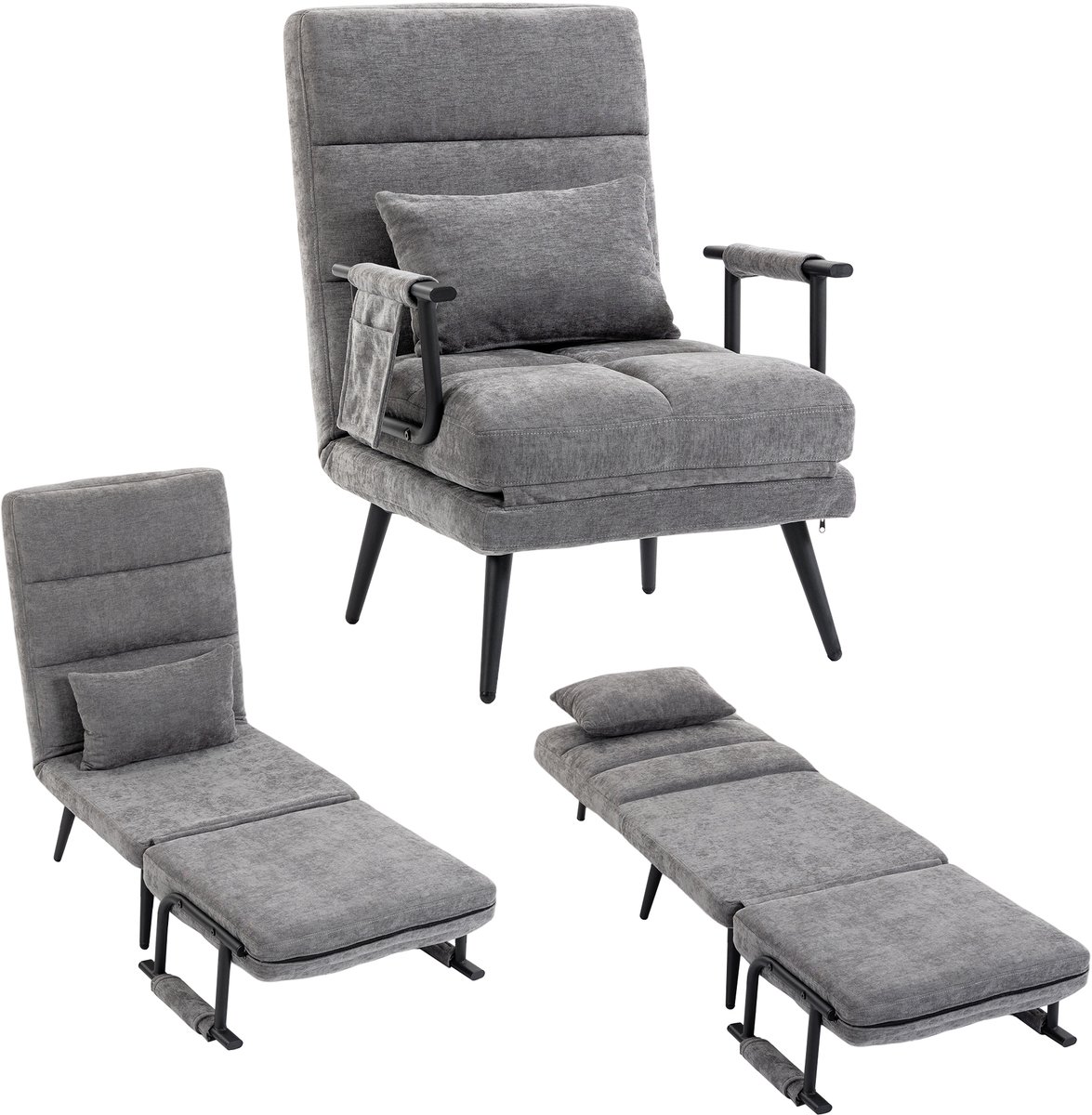 HOMCOM Chair Bed-Chenille (100 % Polyester), Metall-73L x 67B x 96H cm-Grau