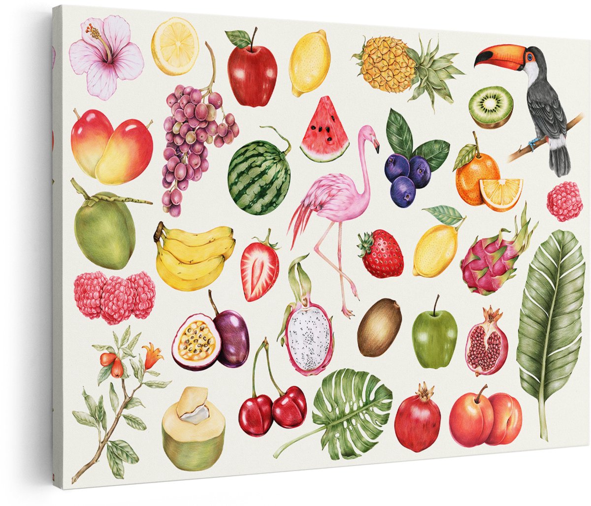 Artaza Canvas Schilderij Tropisch Fruit - 180x120 cm - Groot - Wanddecoratie Ananas - Muurdecoratie Aquarel - Decoratie Flamingo - Schilderijen Op Canvas