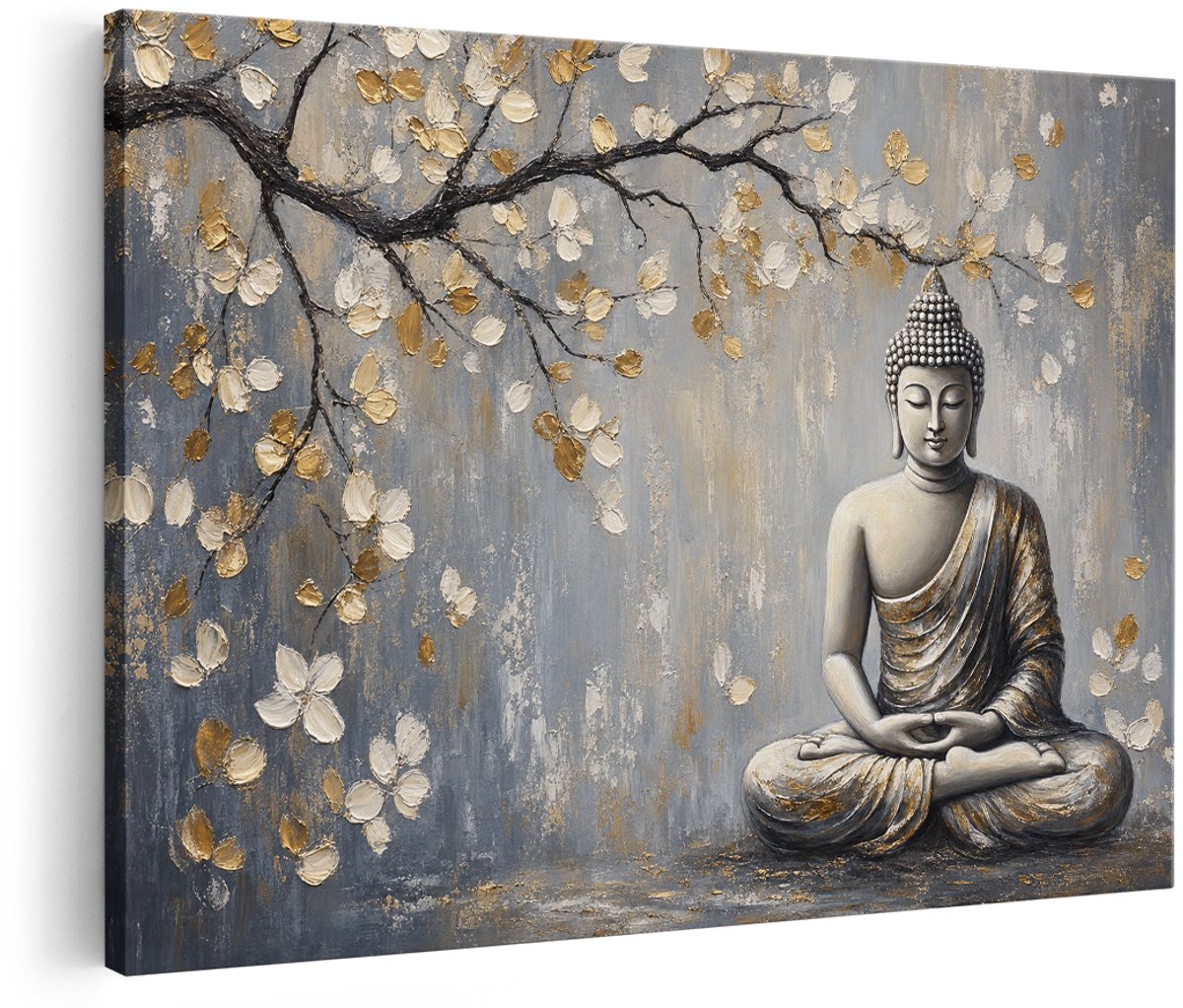 Artaza Canvas Schilderij Boeddha Met Boom En Gouden Bloemen - 180x120 cm - Groot - Wanddecoratie Woonkamer - Schilderijen - Muurdecoratie