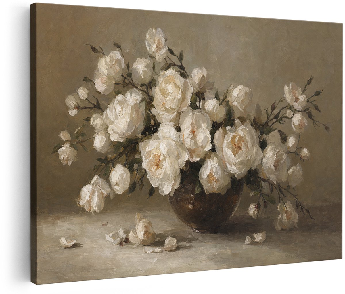 Artaza Canvas Schilderij Witte Bloemen In Vaas - Abstract Stilleven - 180x120 cm - Groot - Wanddecoratie Woonkamer - Schilderijen - Muurdecoratie