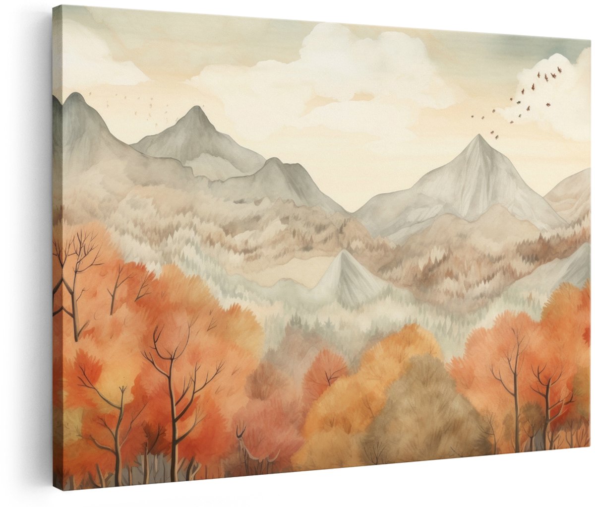 Artaza Canvas Schilderij Herfstlandschap - 180x120 cm - Groot - Wanddecoratie Bergen - Muurdecoratie Bos - Decoratie Aquarel Natuur