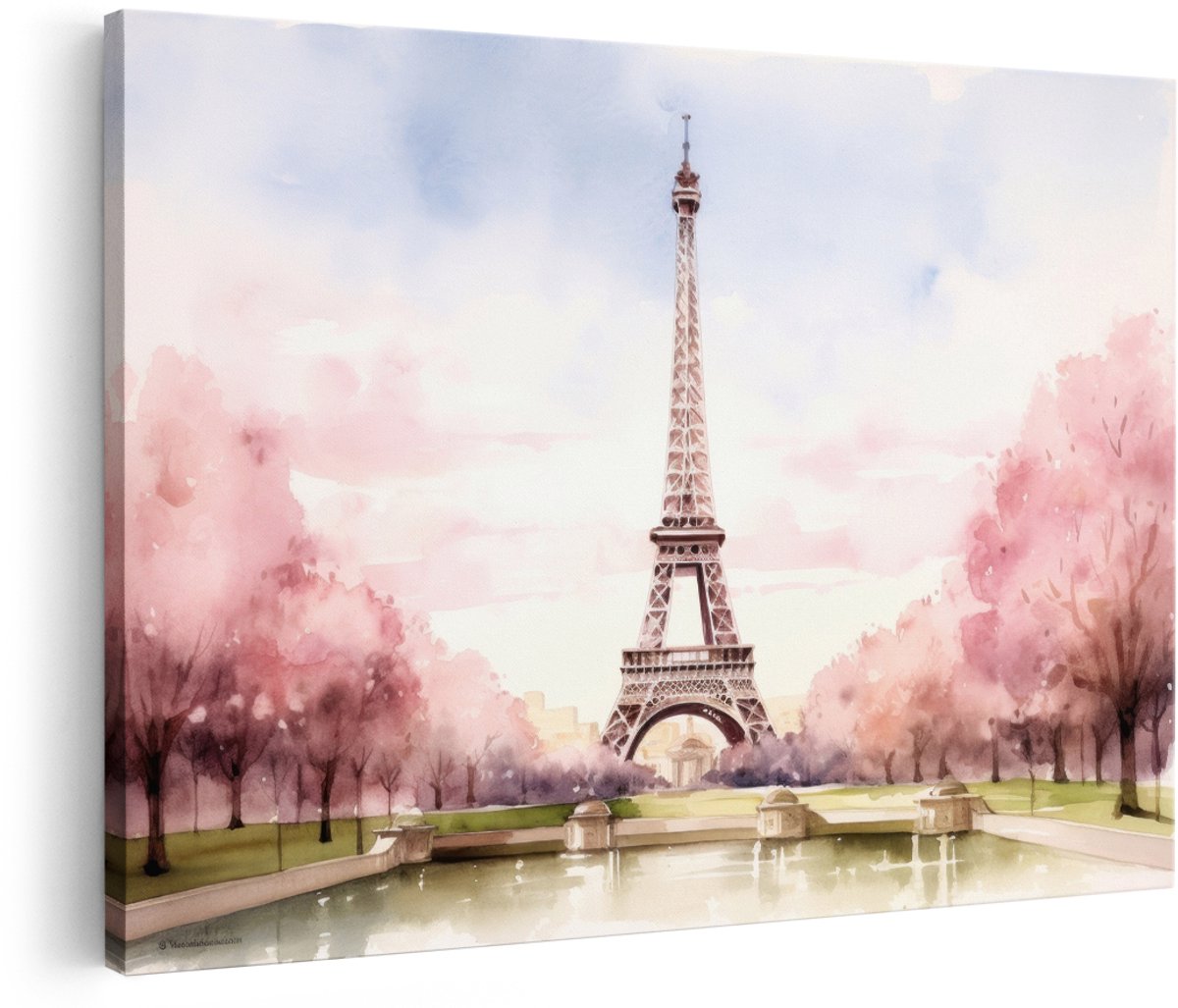 Artaza Canvas Schilderij Eiffeltoren Parijs - 180x120 cm - Groot - Wanddecoratie Kersenbloesem - Muurdecoratie Romantisch - Decoratie Roze