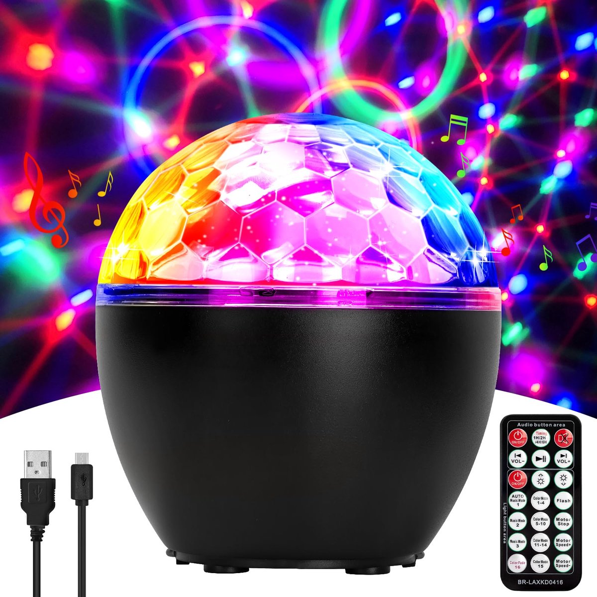 Led-discobal met 16 lichteffecten, muziekgestuurde partylamp met USB-kabel en batterij, disco-partylicht voor - ShopVlot