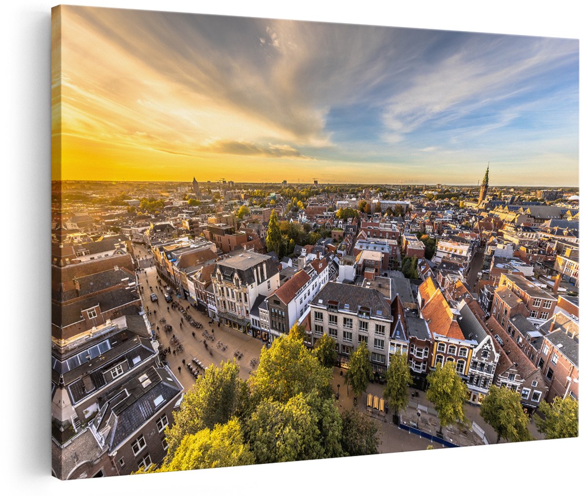 Artaza Canvas Schilderij Groningen Skyline Stad bij Zonsondergang - 180x120 cm - Groot - Wanddecoratie Woonkamer - Schilderijen - Muurdecoratie
