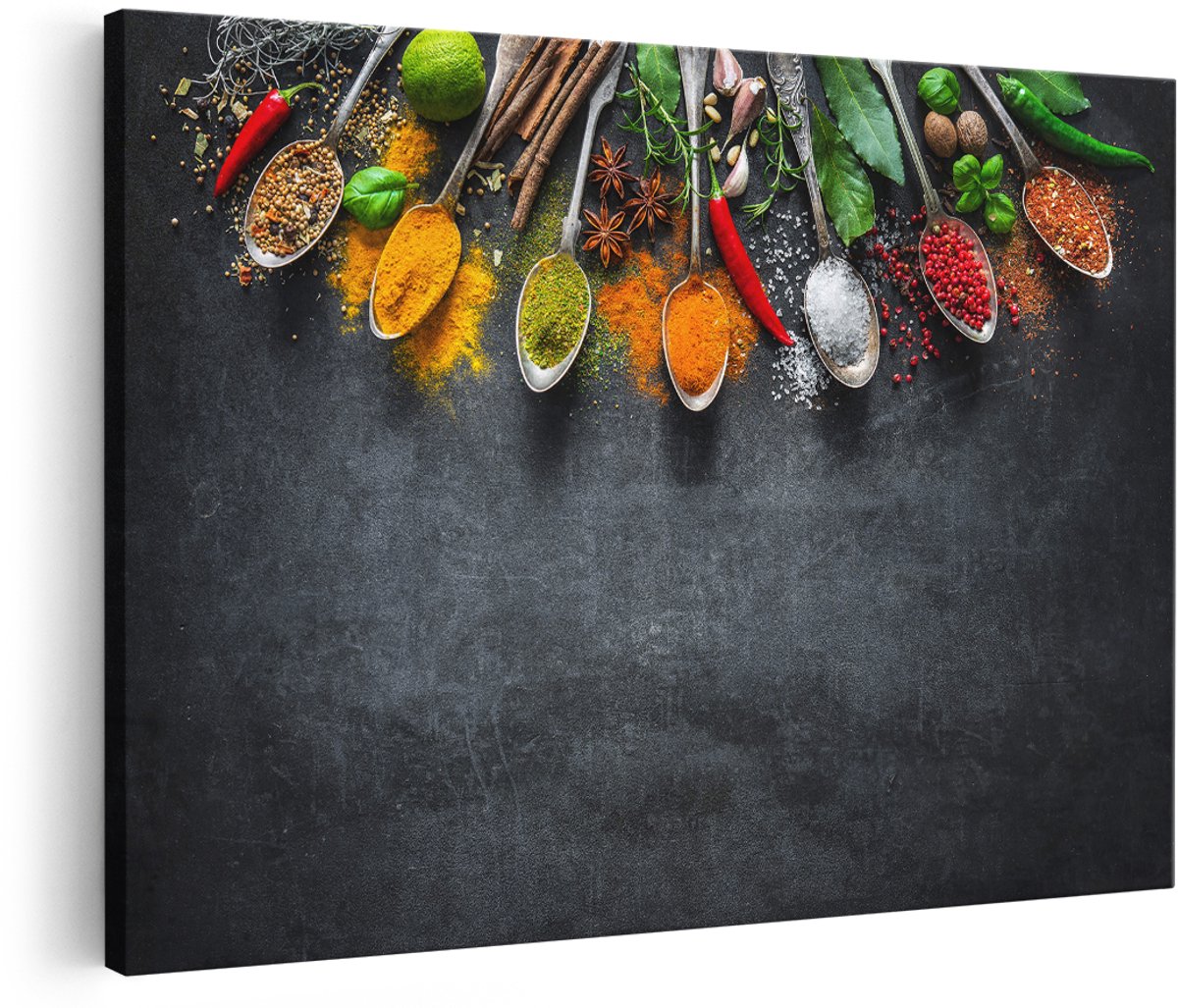 Artaza Canvas Schilderij Kruiden En Specerijen Op Een Zwarte Plaat - 180x120 cm - Groot - Wanddecoratie Woonkamer - Schilderijen - Muurdecoratie