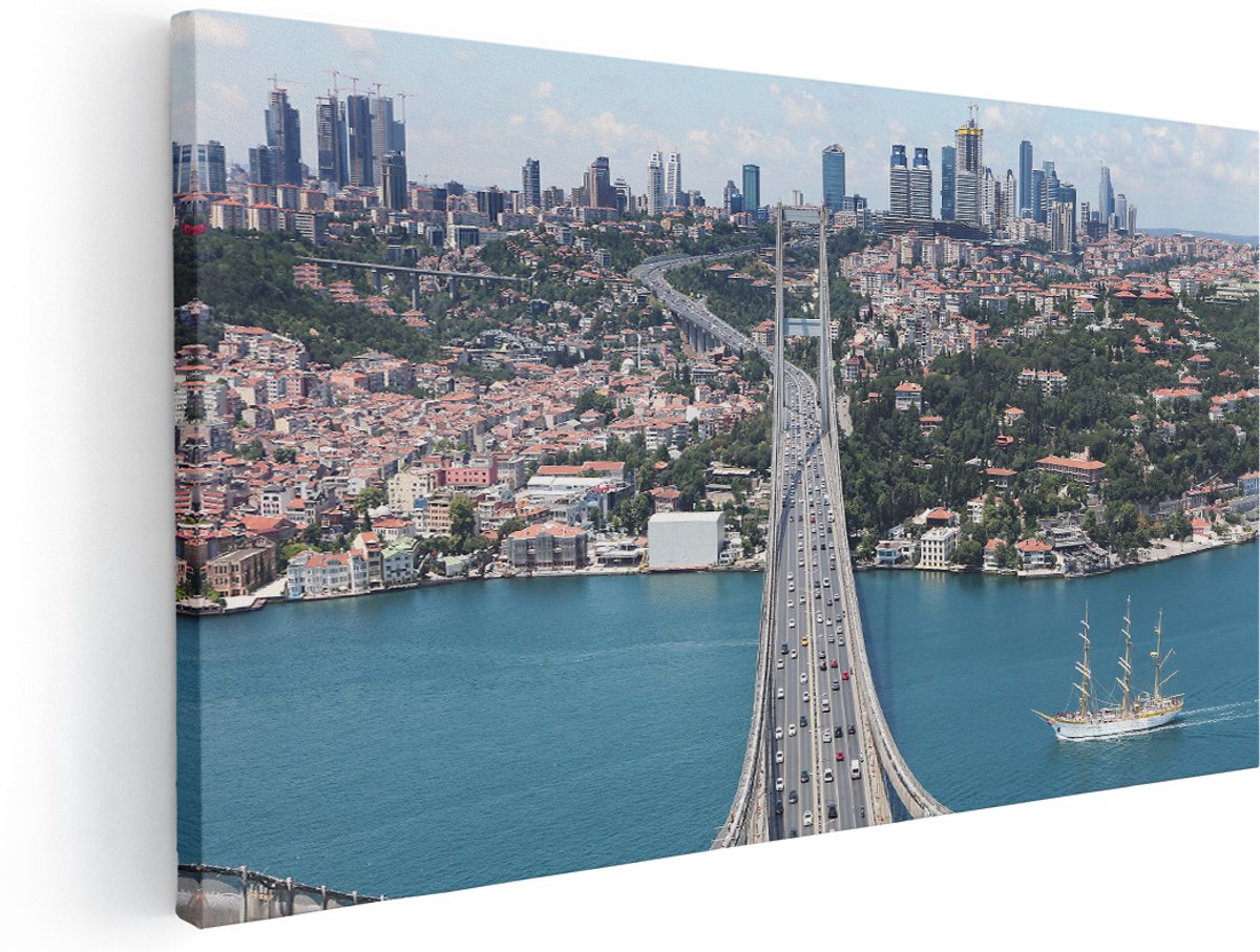 Artaza Canvas Schilderij Istanbul Bosporus Brug Vanaf Boven - 180x90 cm - Groot - Wanddecoratie Woonkamer - Schilderijen - Muurdecoratie