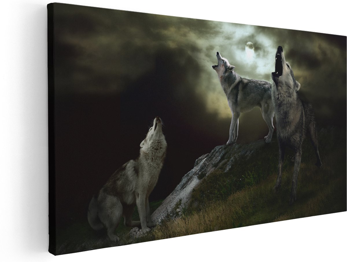 Artaza Canvas Schilderij Drie Huilende Wolven Tijdens Volle Maan - 180x90 cm - Groot - Wanddecoratie Woonkamer - Schilderijen - Muurdecoratie