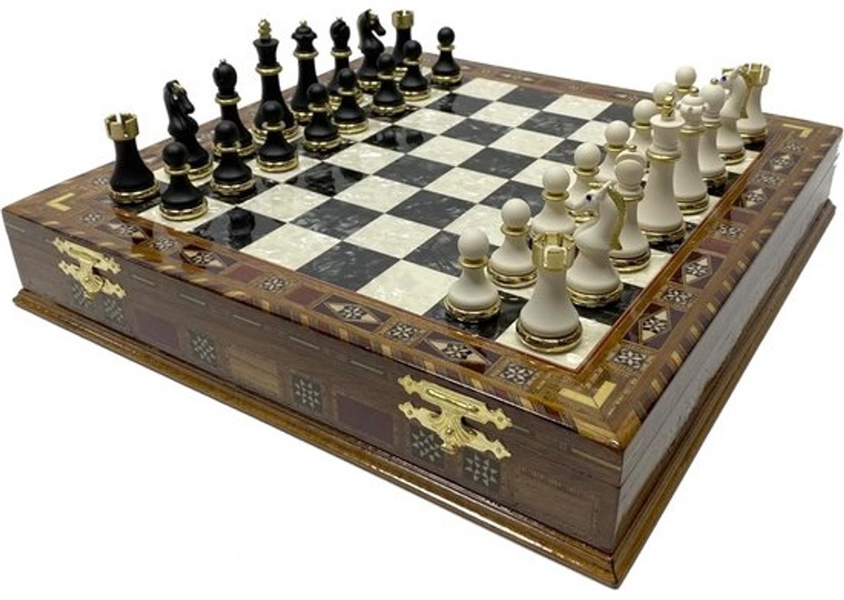 Luxe Houten Schaakset 16,5 Inch - Inclusief 2 Extra Koninginnen - Mozaïek Details Bord