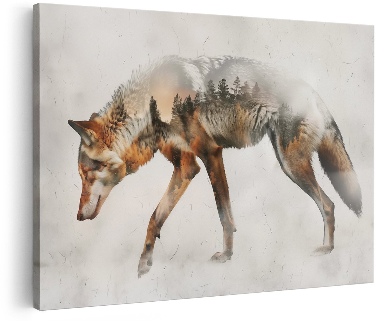 Artaza Canvas Schilderij Wolf die door een Bos loopt - Dieren - 180x120 cm - Groot - Wanddecoratie Woonkamer - Schilderijen - Muurdecoratie