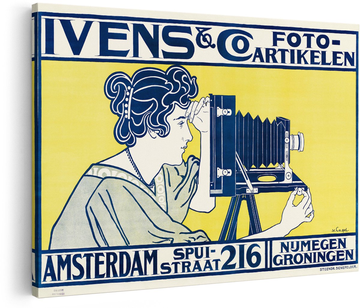 Artaza Canvas Schilderij Vintage Poster - 180x120 cm - Groot - Wanddecoratie Ivens & Co - Muurdecoratie Vrouw Met Camera - Retro Schilderijen Op Canvas