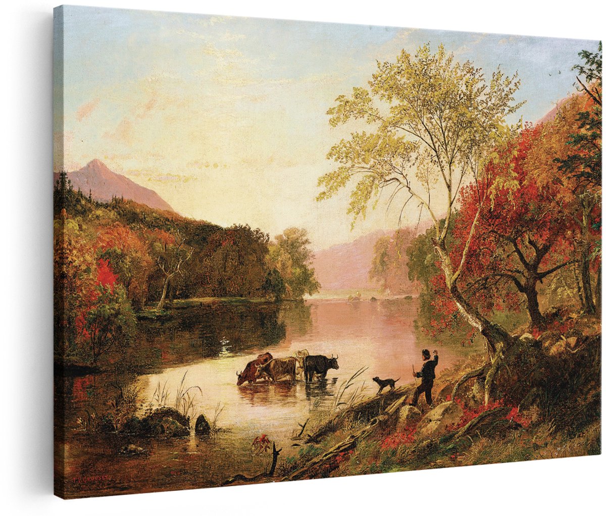 Artaza Canvas Schilderij Herfstlandschap - 180x120 cm - Groot - Wanddecoratie Natuur - Muurdecoratie Koeien In Rivier - Schilderijen Op Canvas Woonkamer