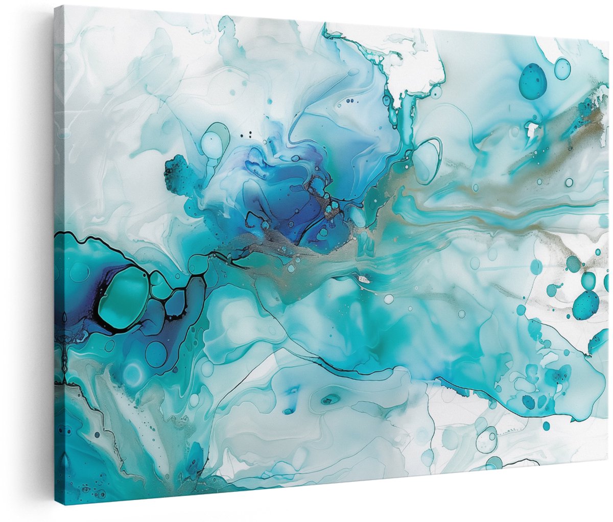 Artaza Canvas Schilderij Abstract Kunstwerk van Blauwe en Witte Vloeistoffen - 180x120 cm - Groot - Wanddecoratie Woonkamer - Schilderijen - Muurdecoratie