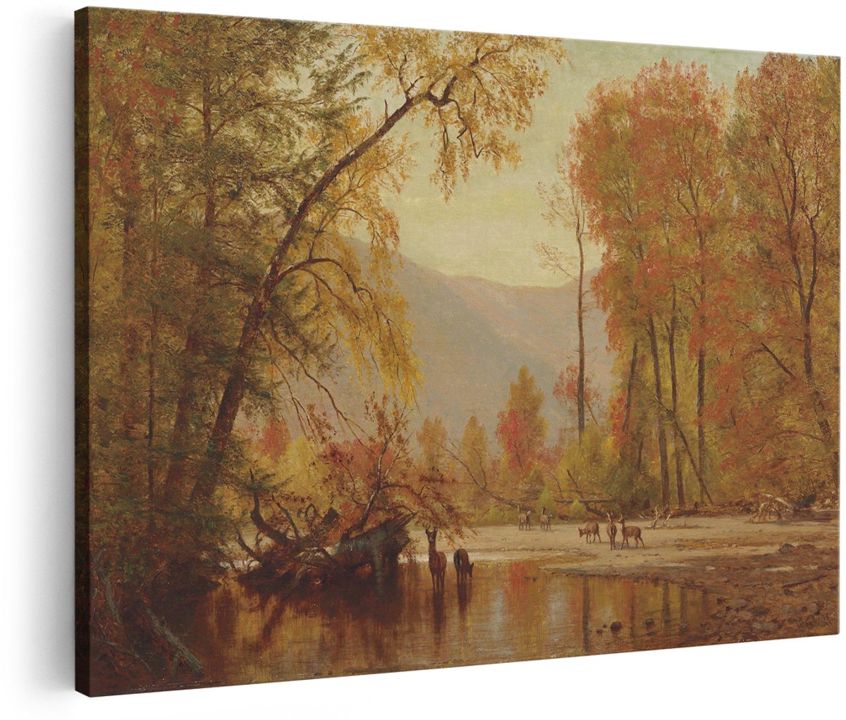 Artaza Canvas Schilderij Herfst Landschap - 180x120 cm - Groot - Wanddecoratie Bos met Herten - Muurdecoratie Rivier - Schilderijen Natuur