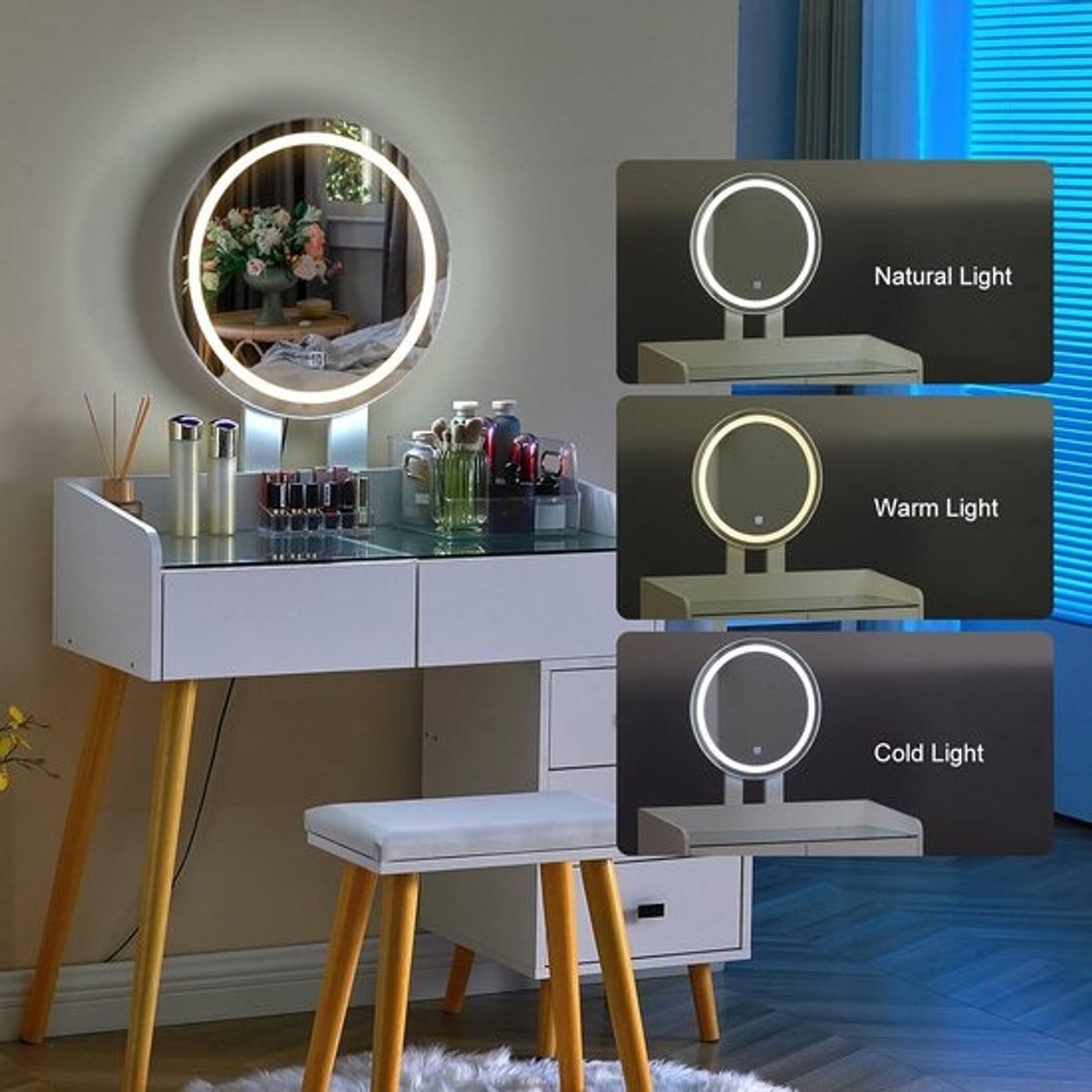 Kaptafel met LED Verlichting, Make-up Tafel met Glasplaat en Gestoffeerde Kruk