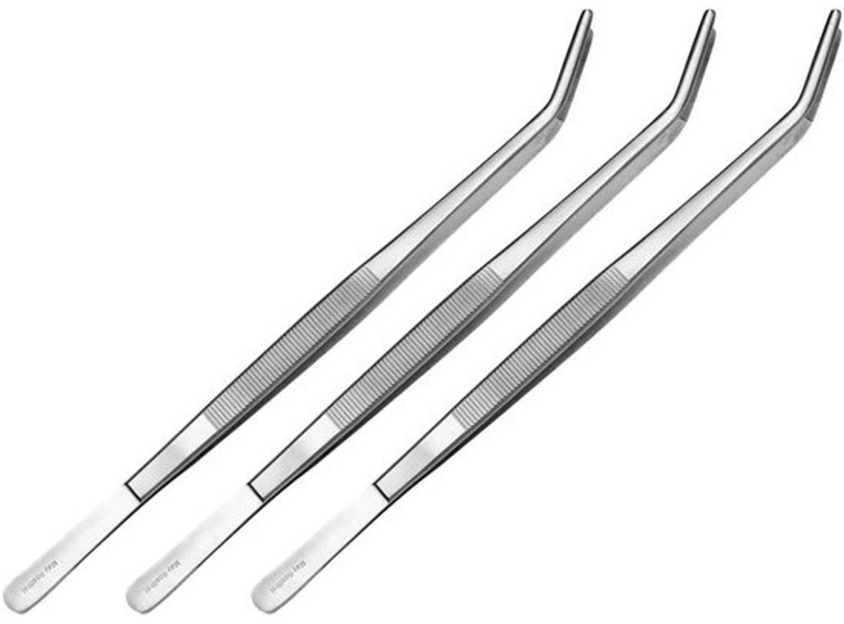 Set van 3 Gebogen Technische Precisiepincetten - 25 cm - RVS - Ideaal voor Modelbouw en Elektronica