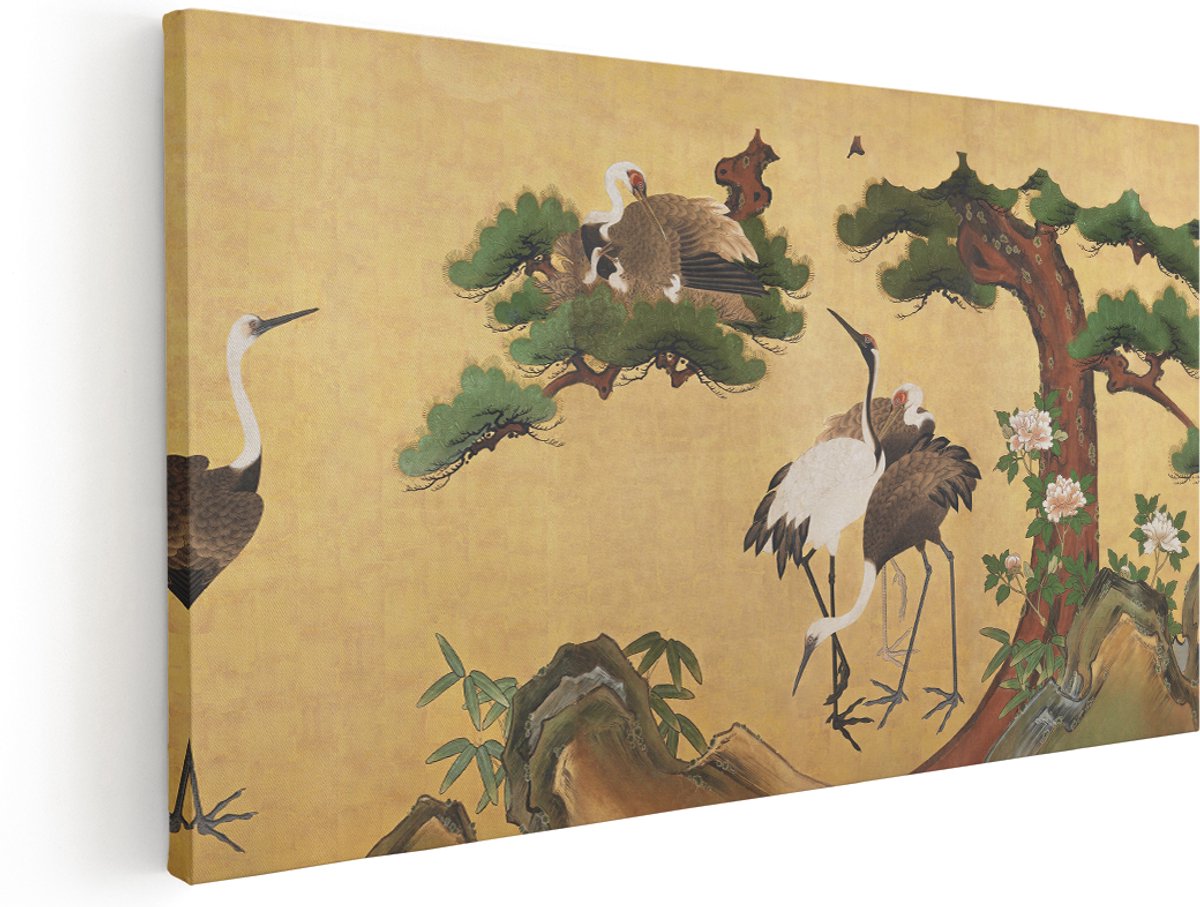 Artaza Canvas Schilderij Japanse Kraanvogels - 180x90 cm - Groot - Wanddecoratie Goud - Muurdecoratie Pioenrozen - Schilderijen Op Canvas Vogels