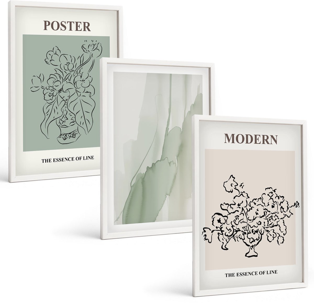 Wallfluent 3-Delige Schilderij Set - Bloemen In Een Vaas In Een Moderne En Minimalistische Stijl. - 40 x 60 - Muurdecoratie - Wanddecoratie - Hal