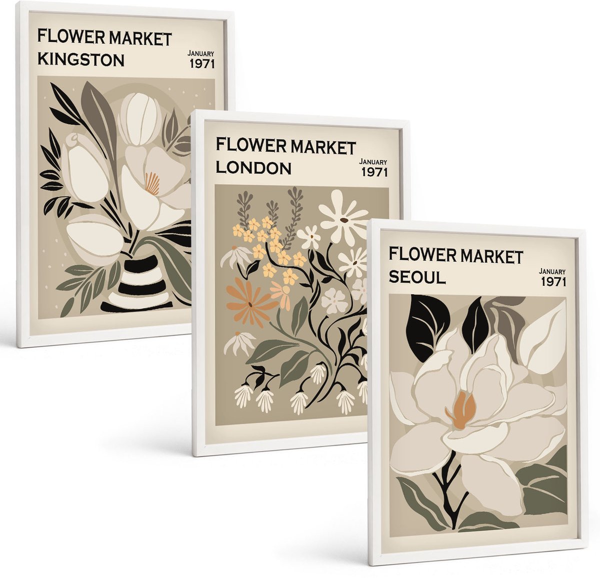 Wallfluent 3-Delige Schilderij Set - Retro Bloemen Uit Verschillende Steden Over De Hele Wereld - 40 x 60 - Schilderijen Set - Wanddecoratie - Woonkamer - Moderne Wanddecoratie
