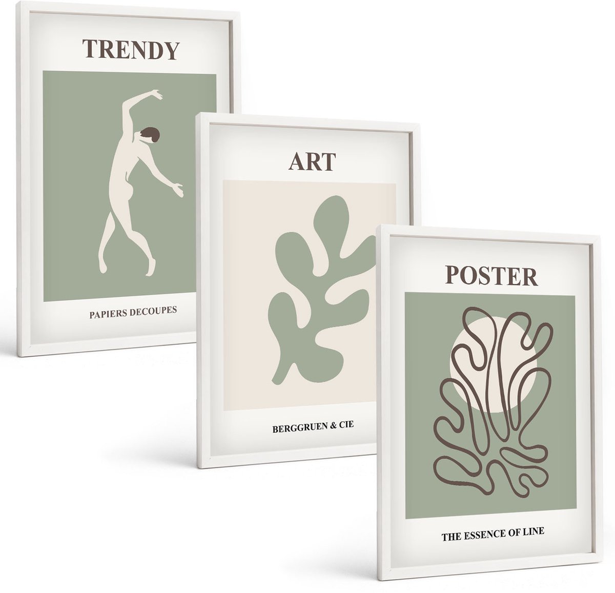 Wallfluent 3-Delige Schilderij Set - Abstracte Figuren En Plantmotieven In Ingetogen Kleuren. - 40 x 60 - Muurdecoratie - Wanddecoratie - Hal - Interieur Decoratie