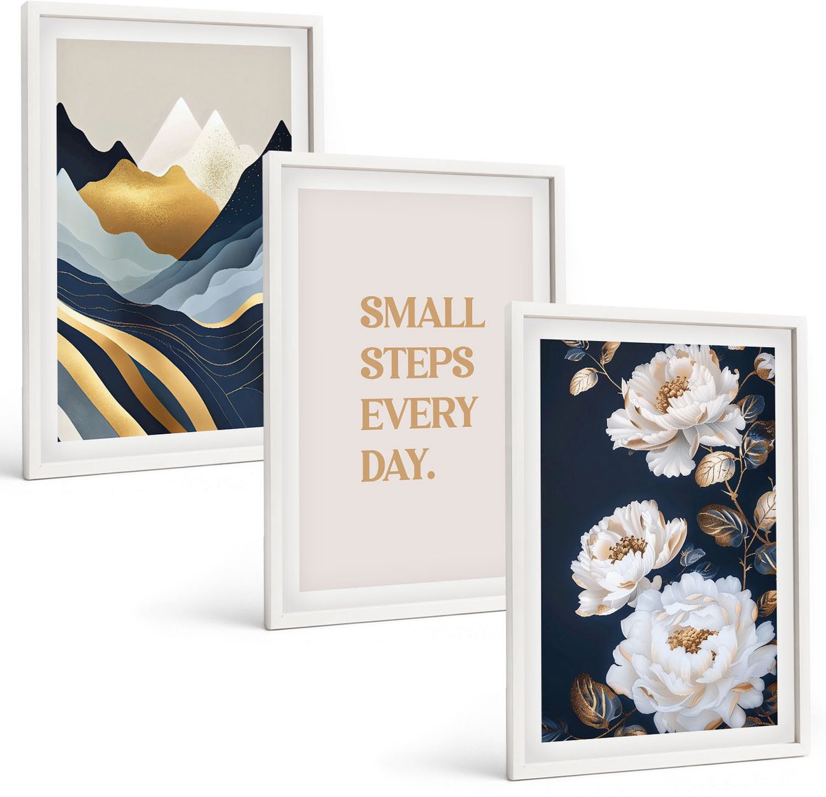 Wallfluent 3-Delige Schilderij Set - Abstracte Bergen, Bloemen En Inspirerende Letters - 40 x 60 - Decoratieve Schilderijen - Woonkamer - Interieur - Stijlvolle Muurdecoratie