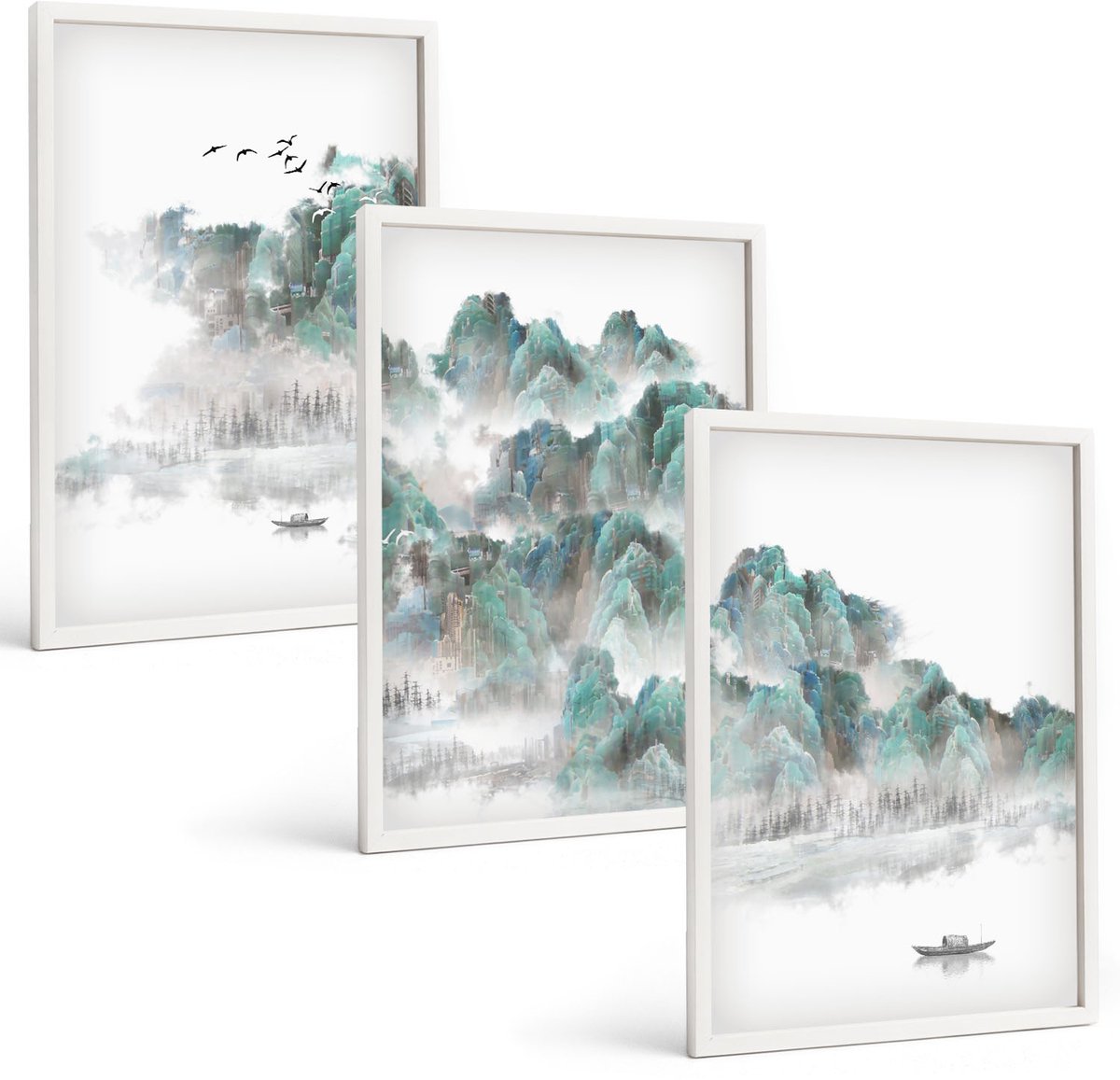 Wallfluent 3-Delige Schilderij Set - Bergen In De Wolken Met Vogels En Een Boot Op Het Water. Japandi - 40 x 60 - Moderne Wanddecoratie - Slaapkamer - Woonkamer Decoratie