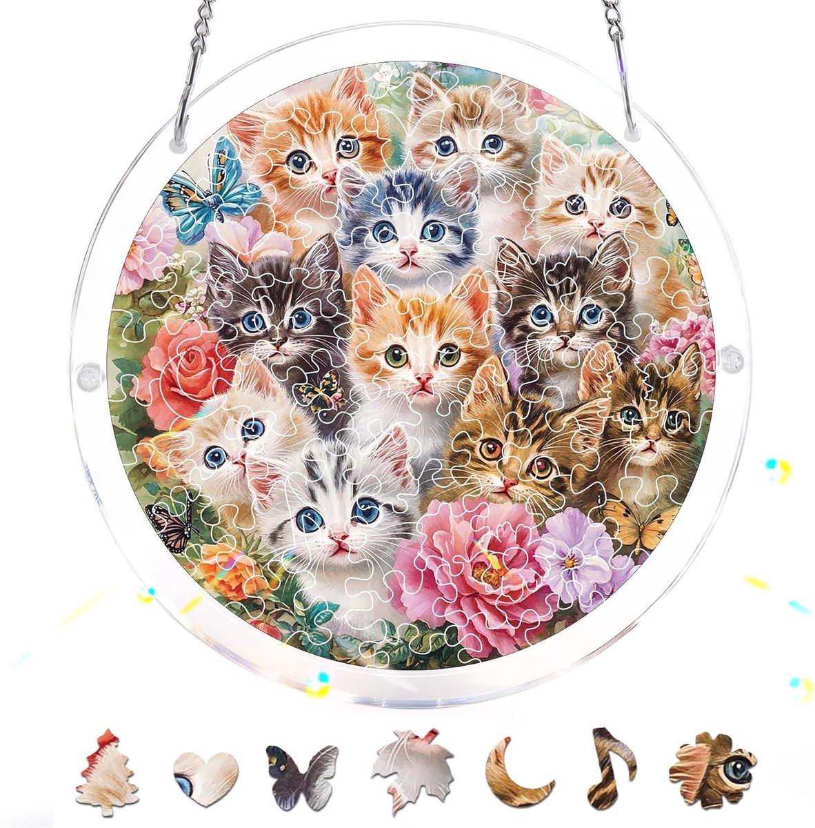 Acryl raamdecoratie met kattenmotief, 83-delige puzzel, glas-in-lood doe-het-zelf puzzel, dubbelzijdige acryl decoratie, cadeau voor mama, huis- en tuindecoratie, 18 cm
