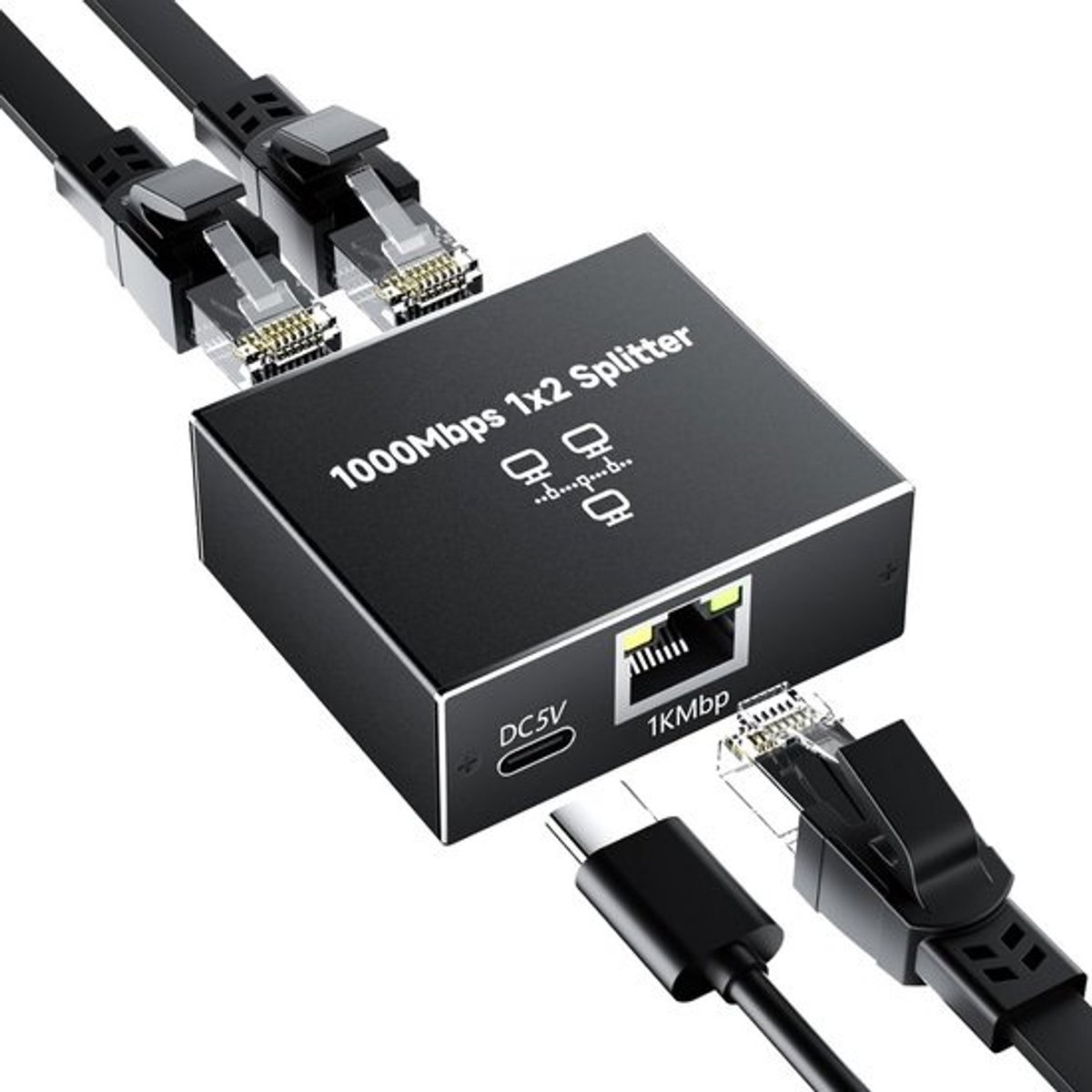Ethernet Splitter 1 naar 2 - 1000 Mbps LAN Switch met Type-C Stroomkabel