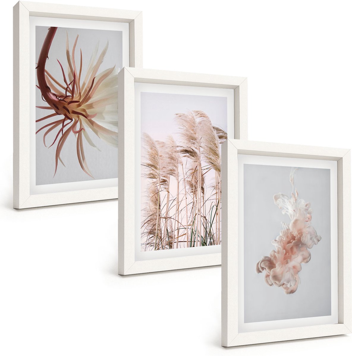 Wallfluent 3-Delige Schilderij Set - Bloemen En Grassen Op Een Lichte Achtergrond In Een Harmonieus Geheel. - 20 x 30 - Wanddecoratie - Woonkamer Decoratie - Moderne Wanddecoratie
