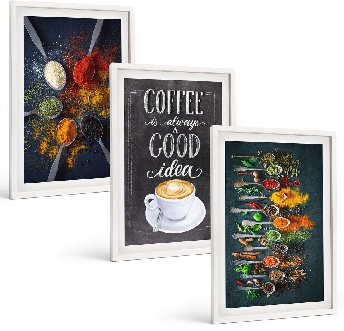 Wallfluent 3-Delige Schilderij Set - Specerijen Koffie Met Kopje Kruiden Keukenpatronen - 40 x 60 - Moderne Wanddecoratie - Woonkamer
