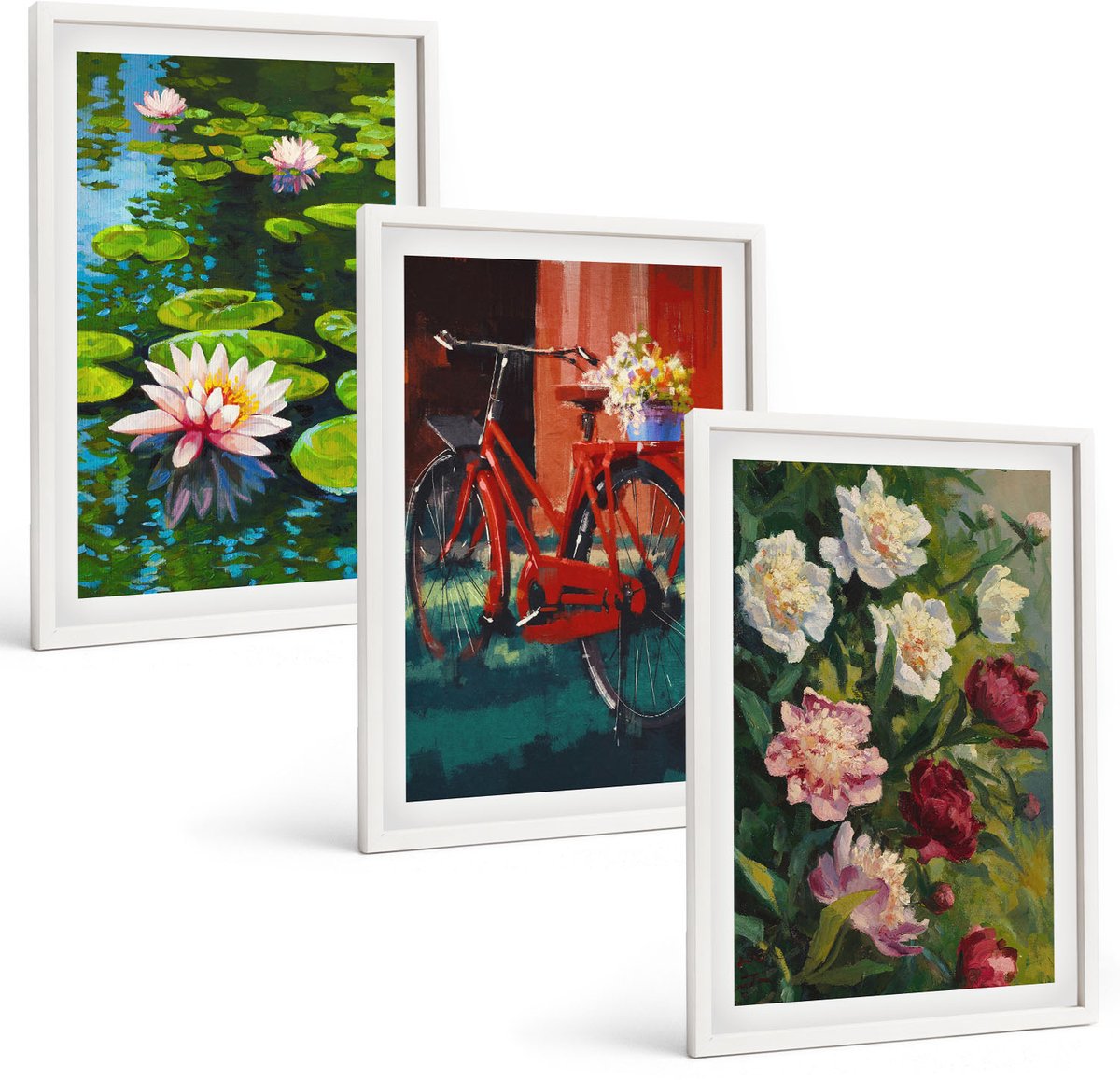 Wallfluent 3-Delige Schilderij Set - Lelies Op De Waterfiets In De Tuin, Kleurrijke Bloemen - 40 x 60 - Wanddecoratie - Muurdecoratie - Woonkamer
