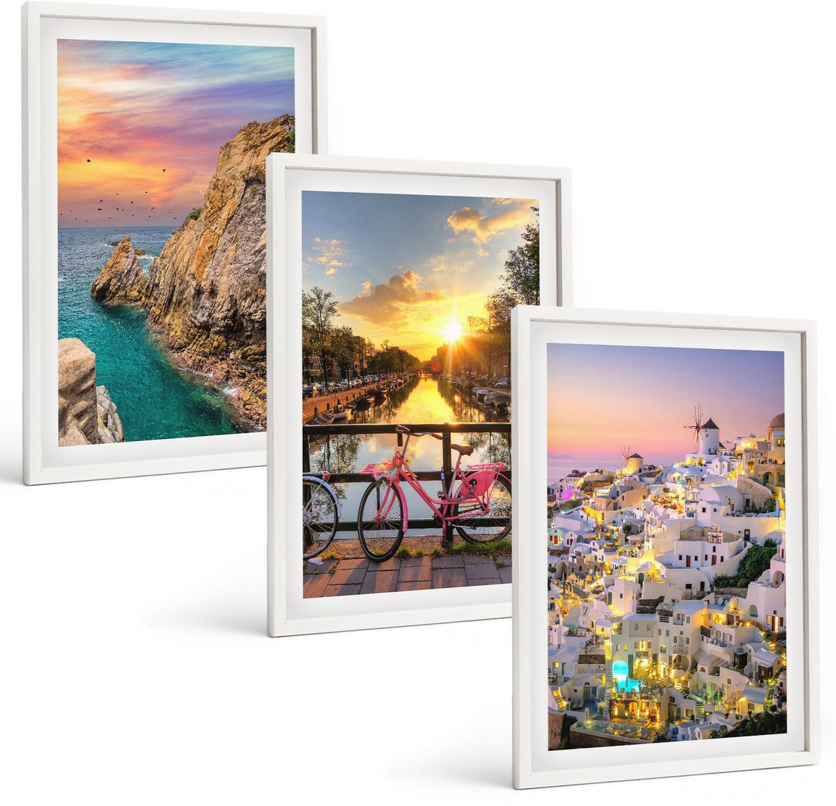 Wallfluent 3-Delige Schilderij Set - Uitzicht Op Zee Met Zonsondergang En De Stad - 40 x 60 - Decoratieve Schilderijen - Woonkamer - Interieur - Woonkamer Decoratie
