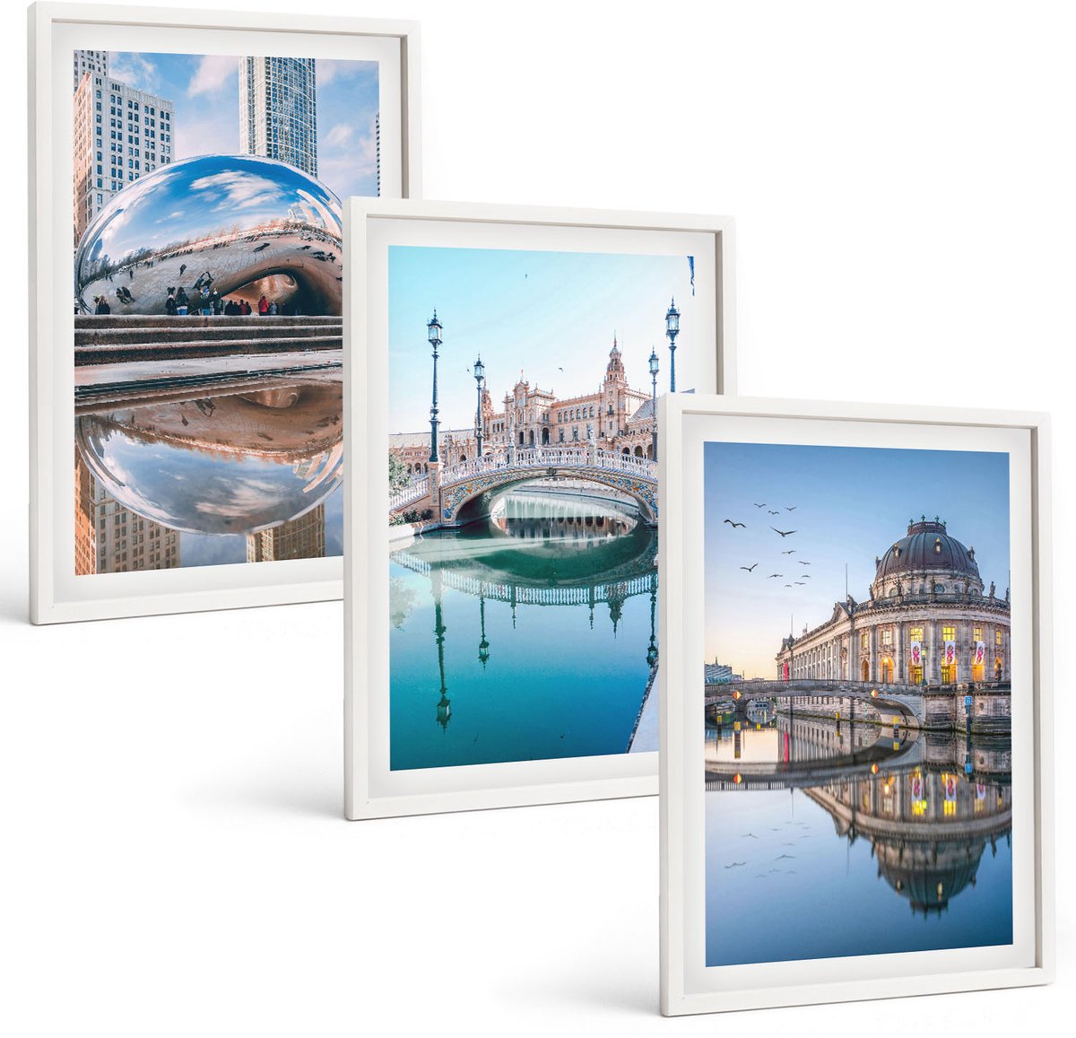 Wallfluent 3-Delige Schilderij Set - Stadsarchitectuur Met Weerspiegeling In Het Water - 40 x 60 - Muurdecoratie - Wanddecoratie - Hal - Moderne Wanddecoratie