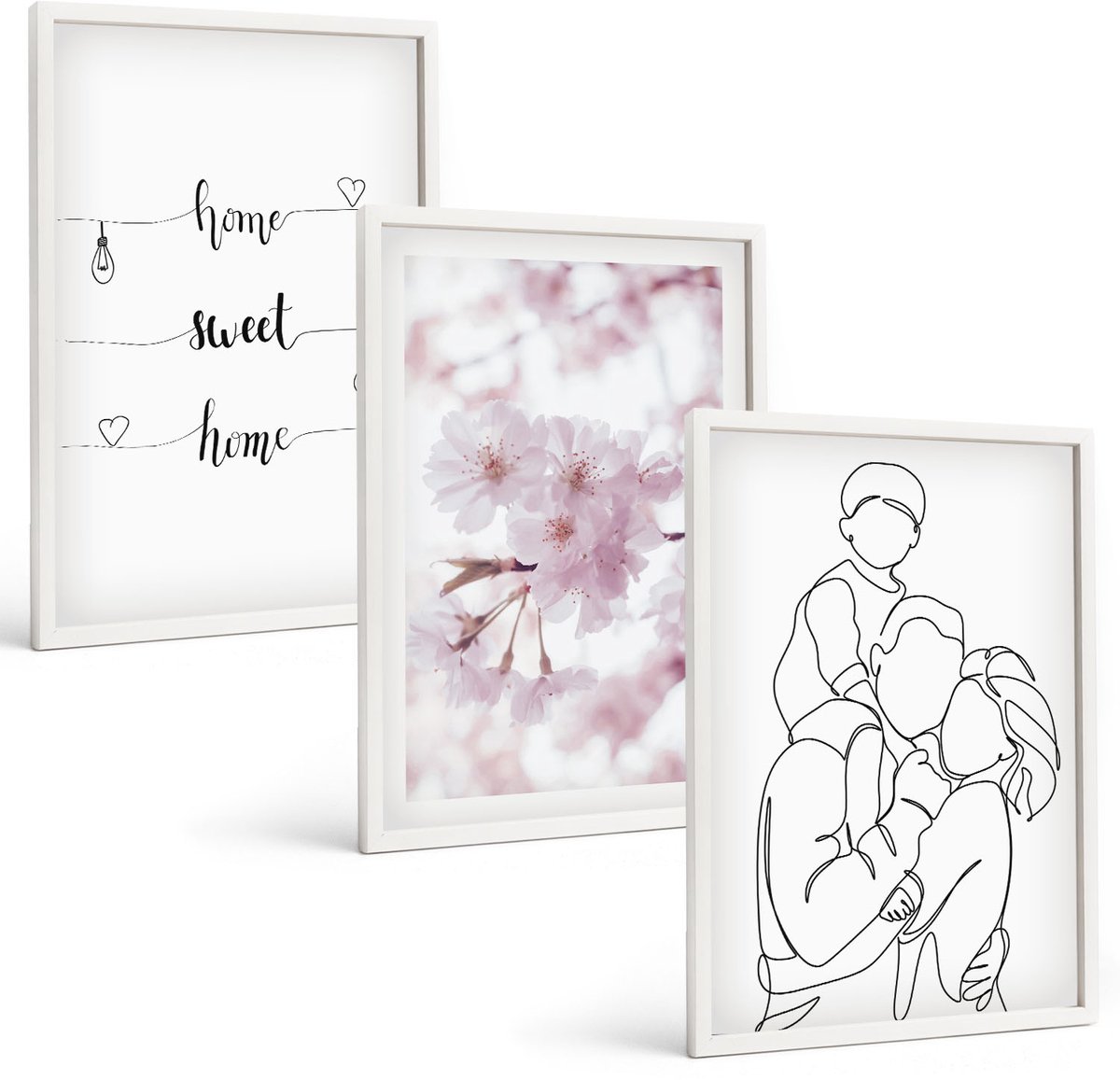 Wallfluent 3-Delige Schilderij Set - Bloemen En Familie In Minimalistisch Design. - 40 x 60 - Stijlvolle Muurdecoratie - Slaapkamer