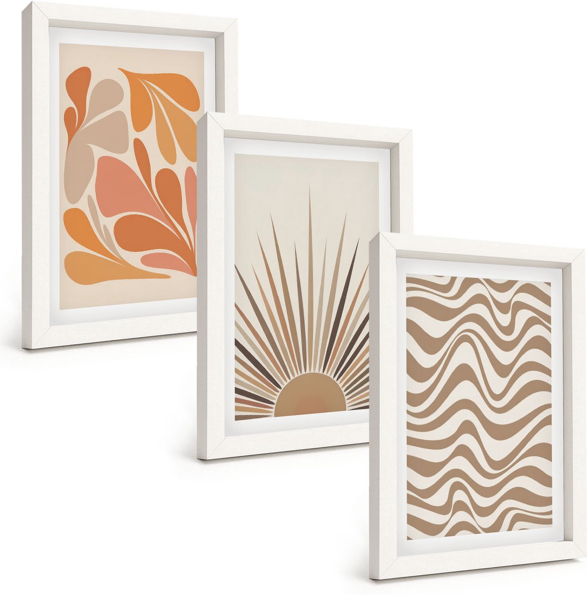 Wallfluent 3-Delige Schilderij Set - Zon Boho Pastel Abstracte Vormen - 20 x 30 - Wanddecoratie - Muurdecoratie - Woonkamer